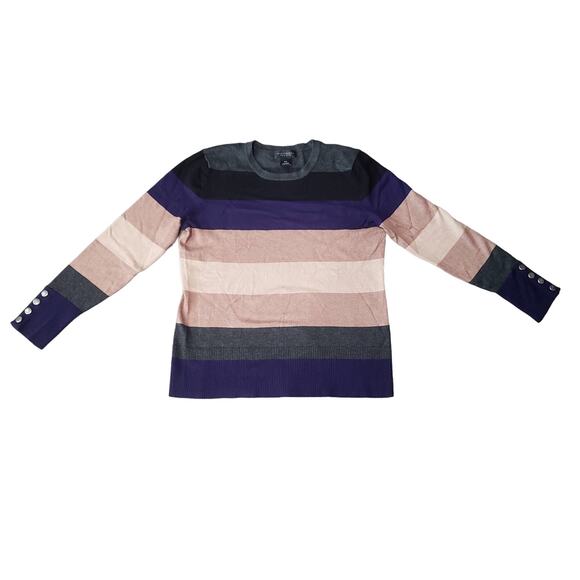 Investments Petites Striped Multi Color Long Sleeve Shirt Sweater Sleeve Buttons - Picture 1 of 7